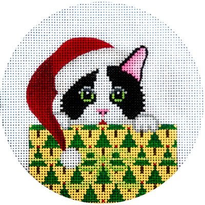 CHRISTMAS BLACK & WHITE KITTY IN PACKAGE by JP Needlepoint JPX253