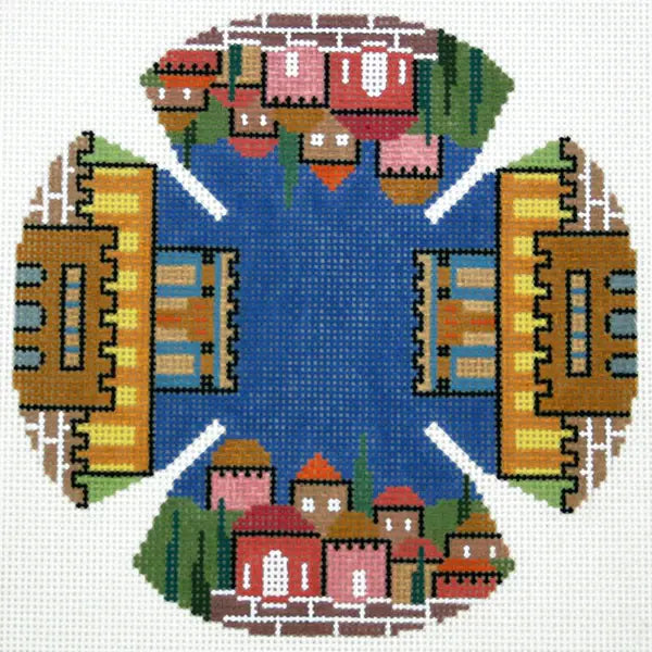 LEEJ210 COLORFUL JERUSALEM with DARK BLUE CENTER YARMULKE KEPAH by Lee's Needlearts