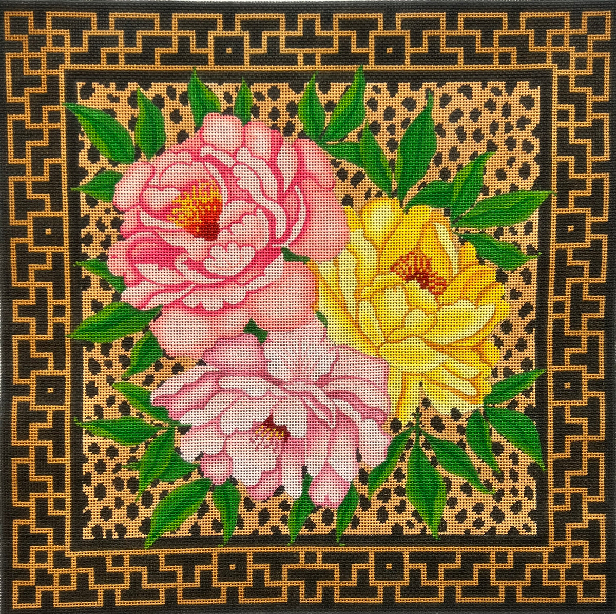 Pink and Yellow Flowers on Animal Print by JP Needlepoint JP DV122A