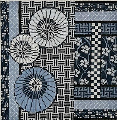 MIN2519B-18 ASIAN PARASOLS IN BLUE by Mindy Needlepoint