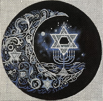 MIN JU3-18 JERUSALEM LARGE BLACK ROUND WITH MOON by Mindy Needlepoint