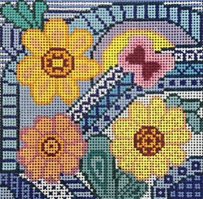  PLDSU566 FLORAL SQUARES 3 FLOWERS & BUTTERFLY by Sandy Utain for PLD Designs