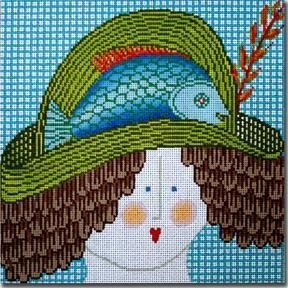 CBKJJMPL18-LADY WITH FISH HAT by CBK NEEDLEPOINT
