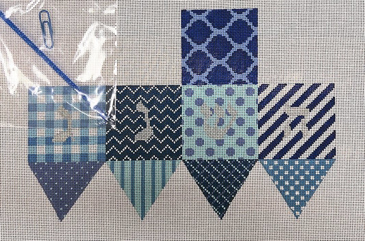 KDDRE05 - Patchwork of Patterns Dreidel Blue and Silver w/Plastic Handle  by Kate Dickerson
