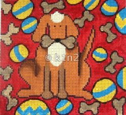 PPA287B-DOG W BONE ON RED BY Patty Paints